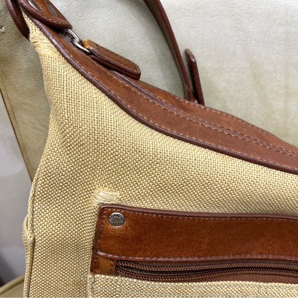 Relic By Fossil Tan Burlap Brown Leather Shoulder Bag Purse Canvas Handbag Tote - Picture 6 of 15